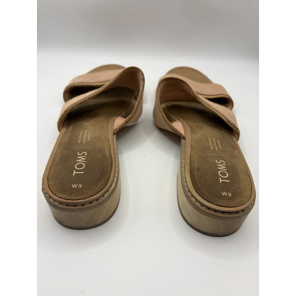 TOMS Suede Slide Sandals Womens 9 Tan Double Strap Block Heel Casual Wood Heel - Picture 6 of 7